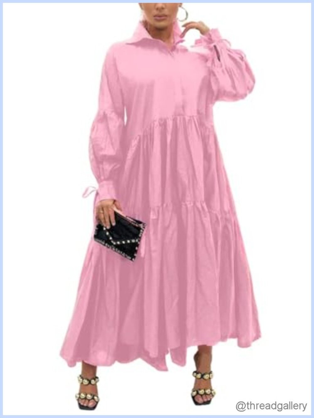 Ekaliy Women's Button Down Long Sleeve Maxi Shirt Dress Pleated Collared